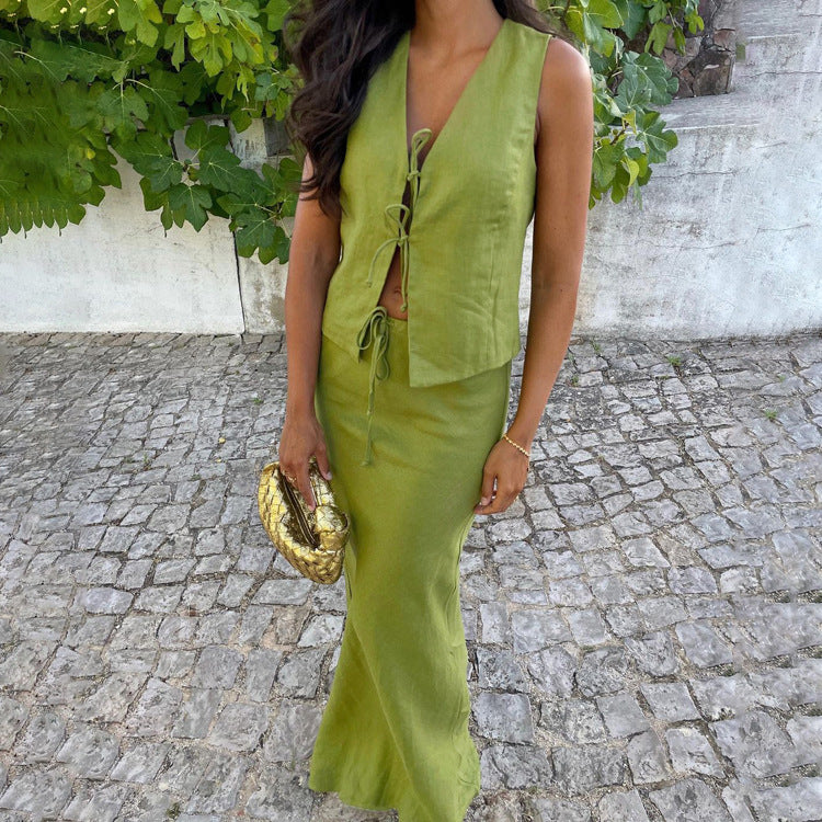 Y2K Summer Lace Up Vest and Skirt Two Piece Set 