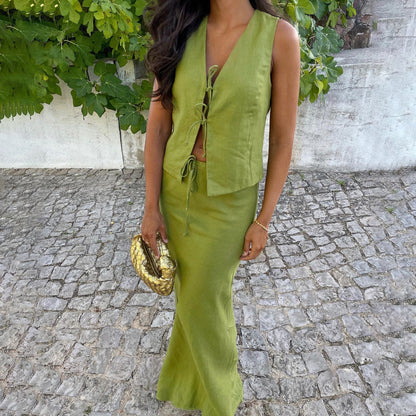 Y2K Summer Lace Up Vest and Skirt Two Piece Set 