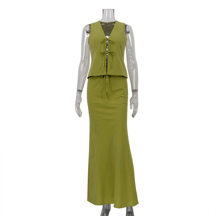 Y2K Summer Lace Up Vest and Skirt Two Piece Set 