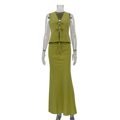 Y2K Summer Lace Up Vest and Skirt Two Piece Set 