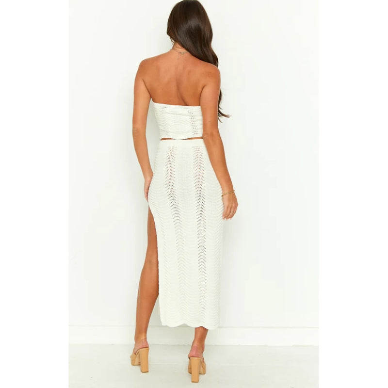 Summer Knit Bow Detail Tube Top and High Waisted Midi Skirt with Slit Set 
